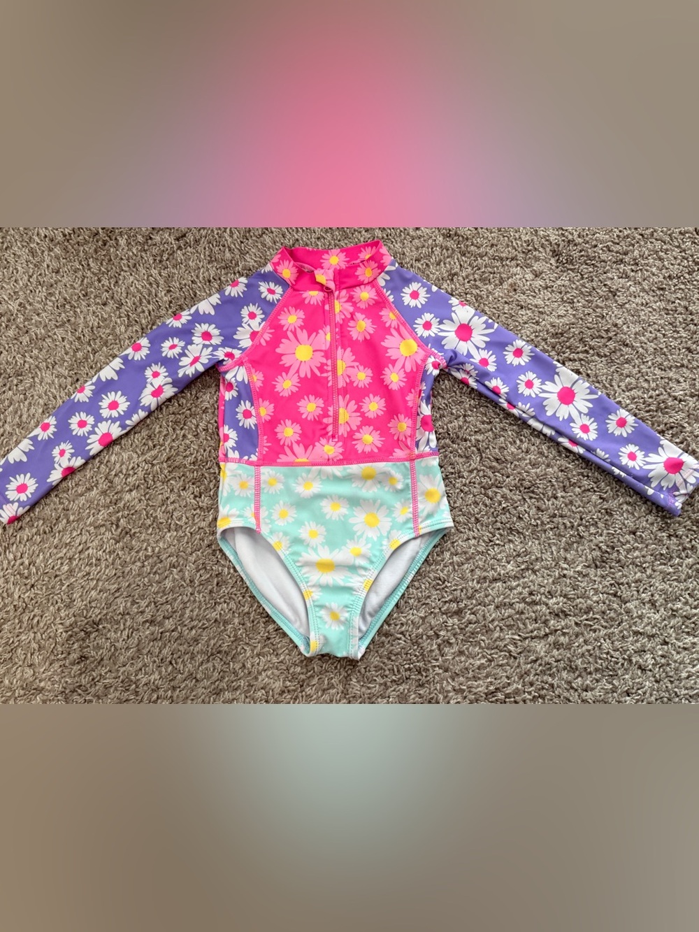 Bmagical 4T Girls Long Sleeve Daisy Rashguard Swimsuit - Pink, Purple & Mint